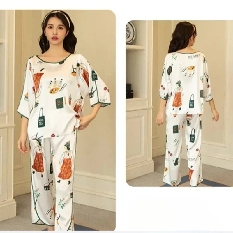 Summer Two-piece Pullover Nightgown Ice Silk Home Wear  Suitable for Going Out and Relaxing A Large 145KG  Nightgown for Women