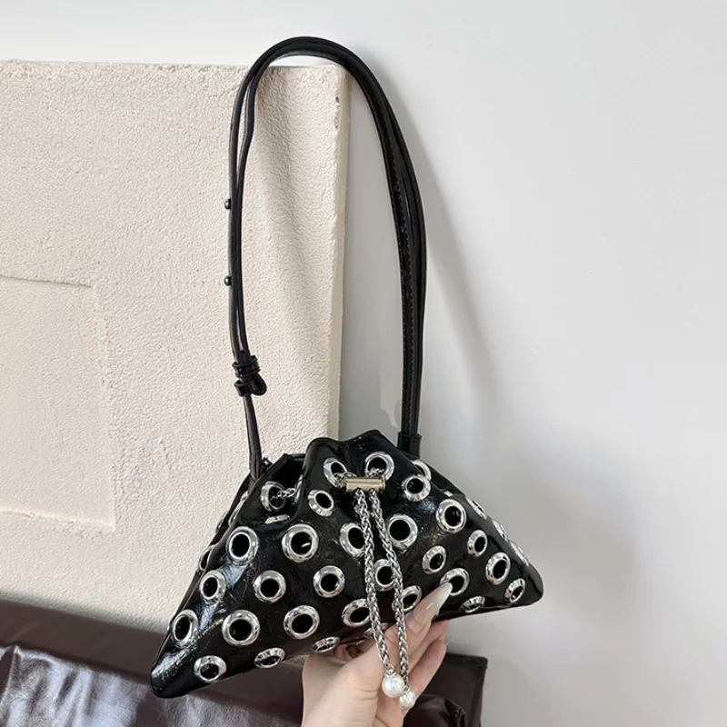

Fashion Rivet Shoulder Bag Hollow Drawstring Women Bucket Bag Trendy Shoulder Bag Punk Style Cool Crossbody Bag Evening Wallet