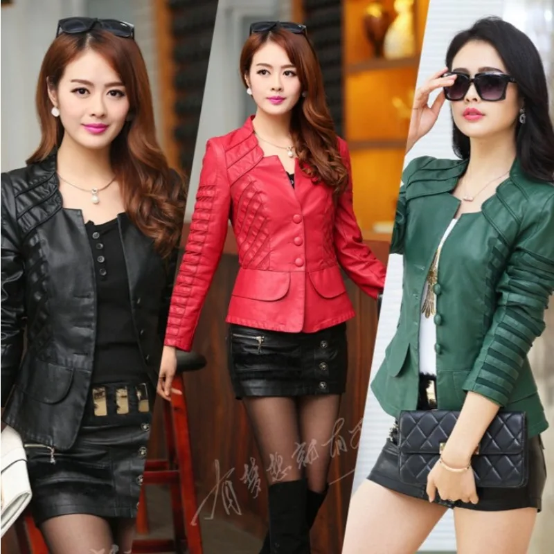 Spring Autumn PU Leather Jacket Women Slim V-neck Black Splicing Buttons Designs Coat Short Styles Locomotive Leather Jacket