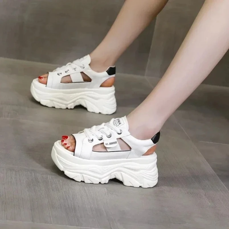 

2025 8 см сандалии на танкетке и платформе, женские модные сандалии с открытым носком, уличные женские летние повседневные туфли в уличном стиле