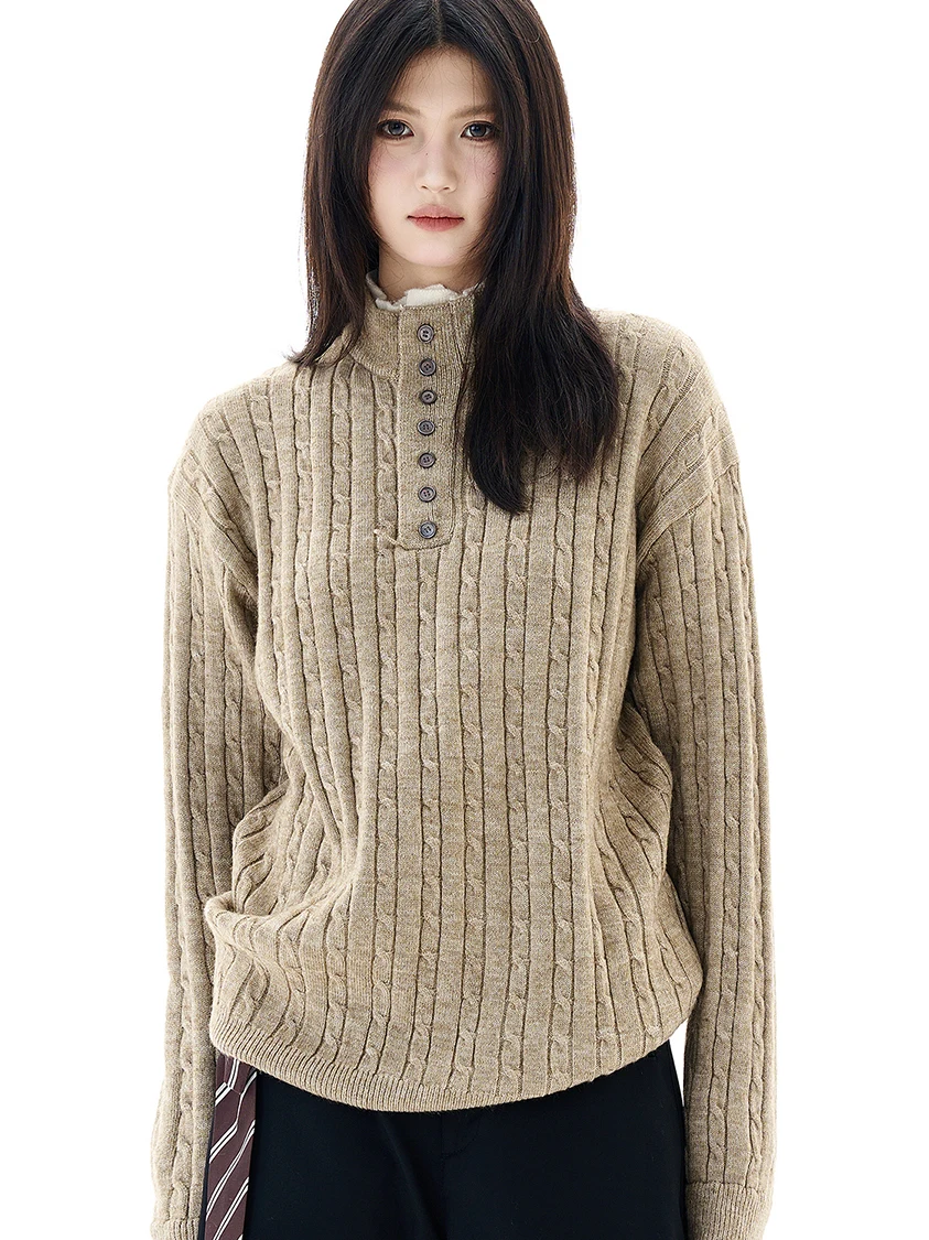 

American Sle Knitted Sweater Henry Collar Loose Fit Overhead M Model Casual Long Sve V-Ne Warm Polyester Fiber