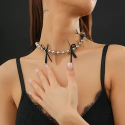 New Goth Personality Acrylic CCB Ball Bead Chain Necklace Black Bow Bowknot Sexy Clavicle Choker Neck Jewelry Wed Accessories