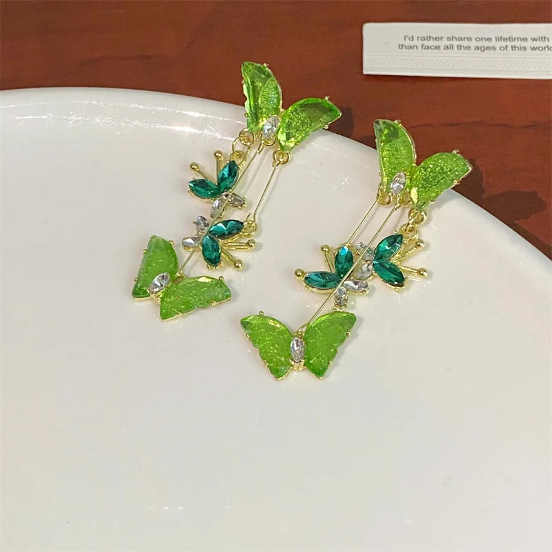 New Trendy Green Zircon Butterfly Earrings for Women Light Luxury Sweet Long Tassel Earrings Aesthetics Wedding Party Jewelry