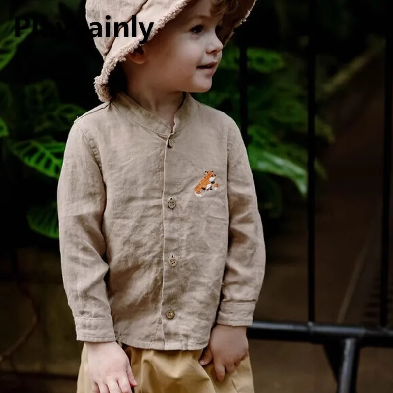 

New Spring Autumn Children Soft Cotton Casual Shirts Boys O-neck Long Sleeve Cartoon Embroidery Single Breasted Blouse A5299