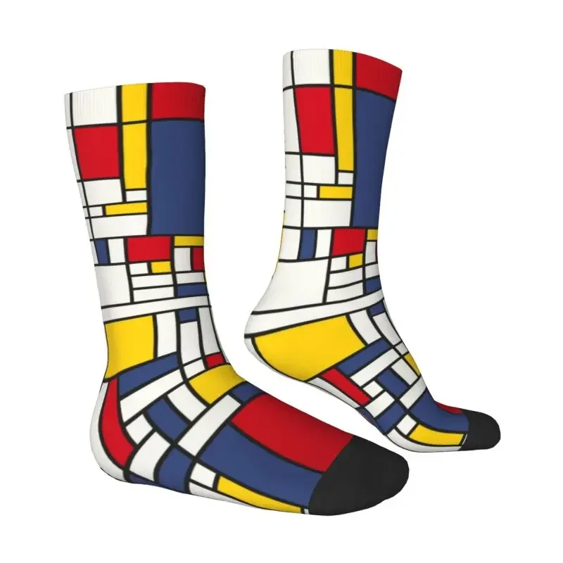 Fun Men's Piet Mondrian Minimalist De Stijl Dress Socks Unisex Comfortable Warm 3D Printing Modern Abstract Art Crew Socks