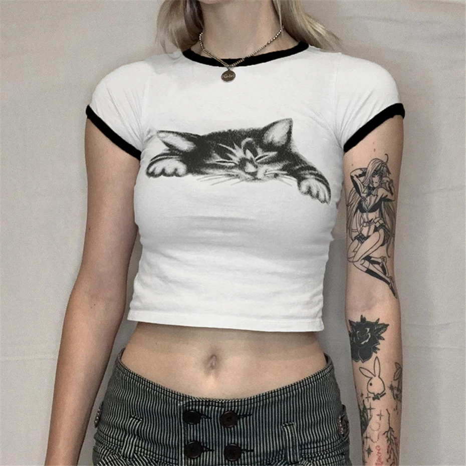 

Y2k Lovely Kitten Print Vintage Aesthetic Women Casual Baby Tee Short Sleeve T-Shirt Clothe Gothic Harajuku Girl Summer Crop Top