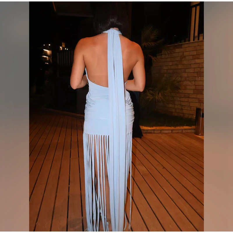 Women Sexy Tassel Patchwork Maxi Dress Elegant V-neck Wide Strap Sleeveless Waist-cinching Slim Fit Dresses Chic New Party Gowns