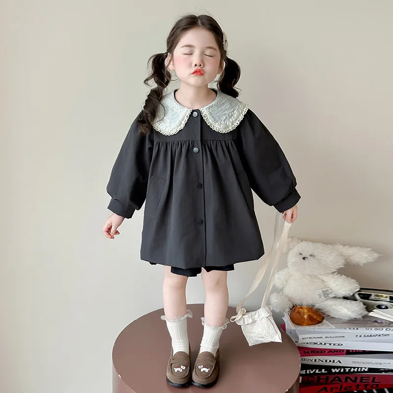 Girls Windbreaker Coat Spring and Autumn 2025 New Fashionable Medium and Long Outerwear for Children Casual Lace Top