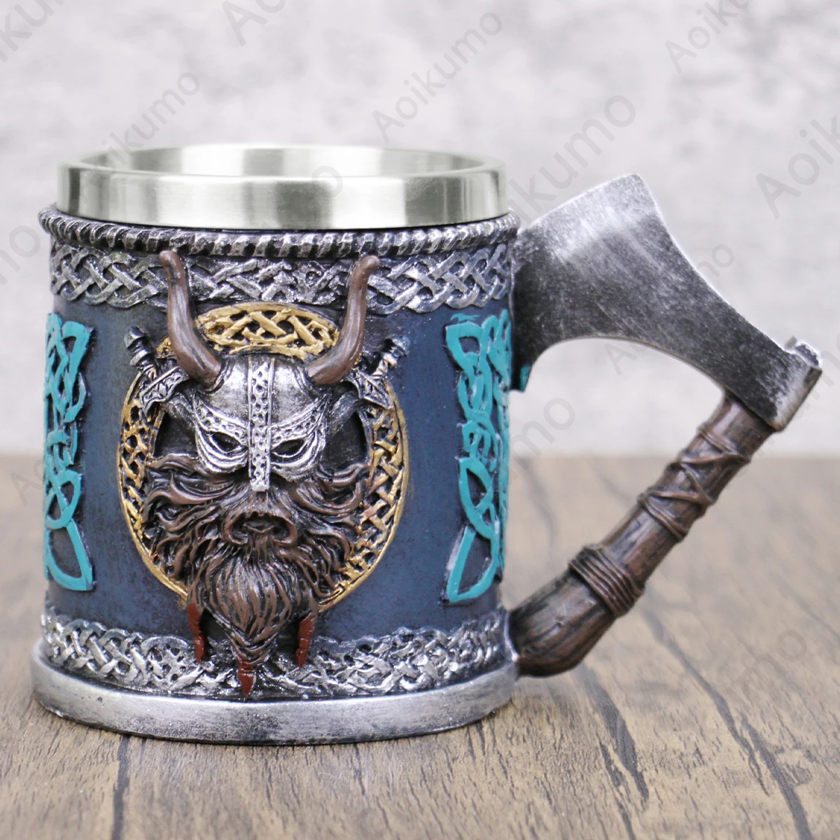 Valhalla Viking Stainless Steel Single Handle Horn Skull Beer Stein Cup Nordic Viking Warrior Skull Mug Tankard 400ml Halloween