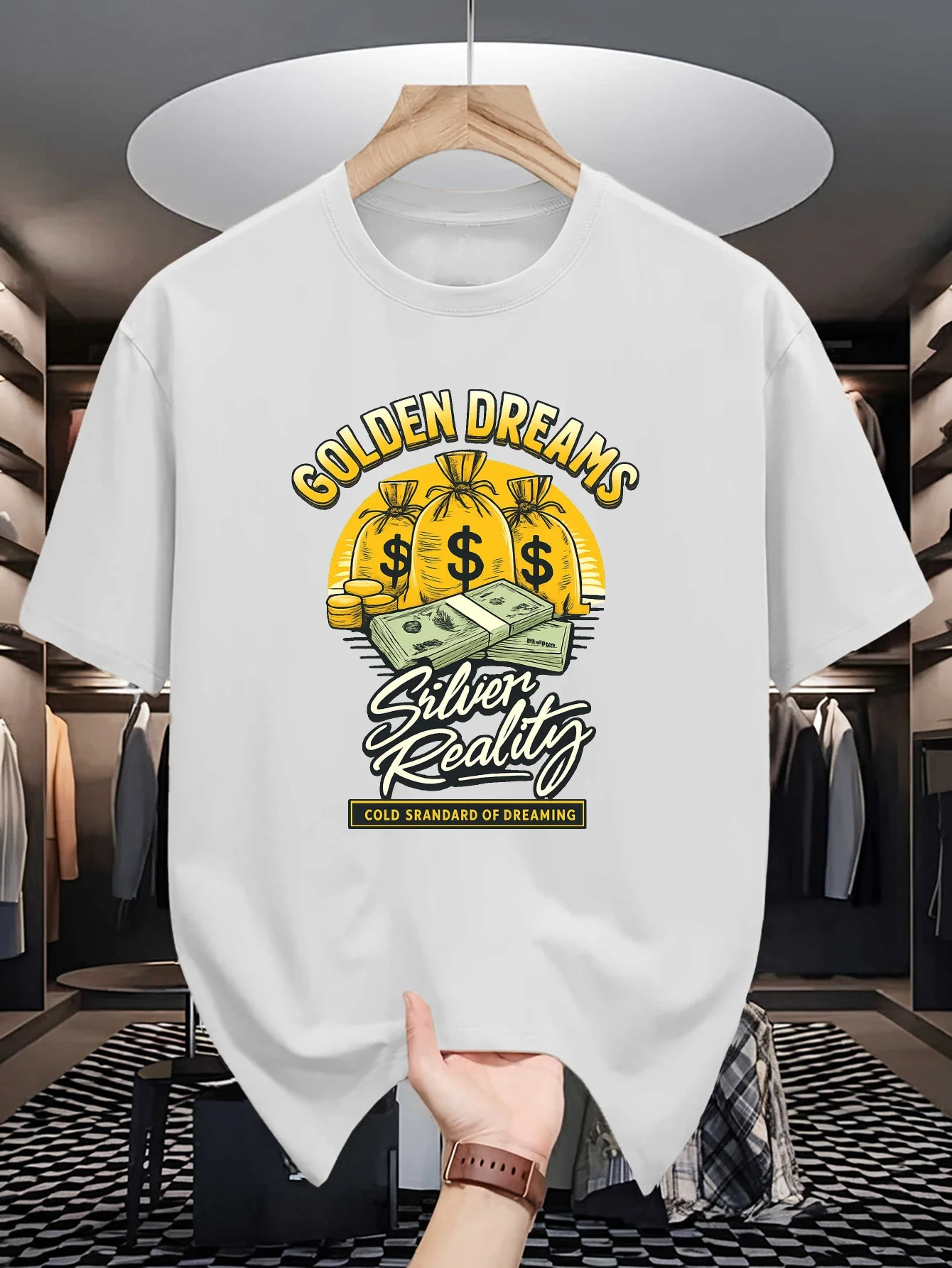 Male Dark Blue Round Neck T Shirt Vintage Golden Dreams Slogan Dollar Money Bag Stacked Bills Coin Rich Mindset Daily Cotton Tee