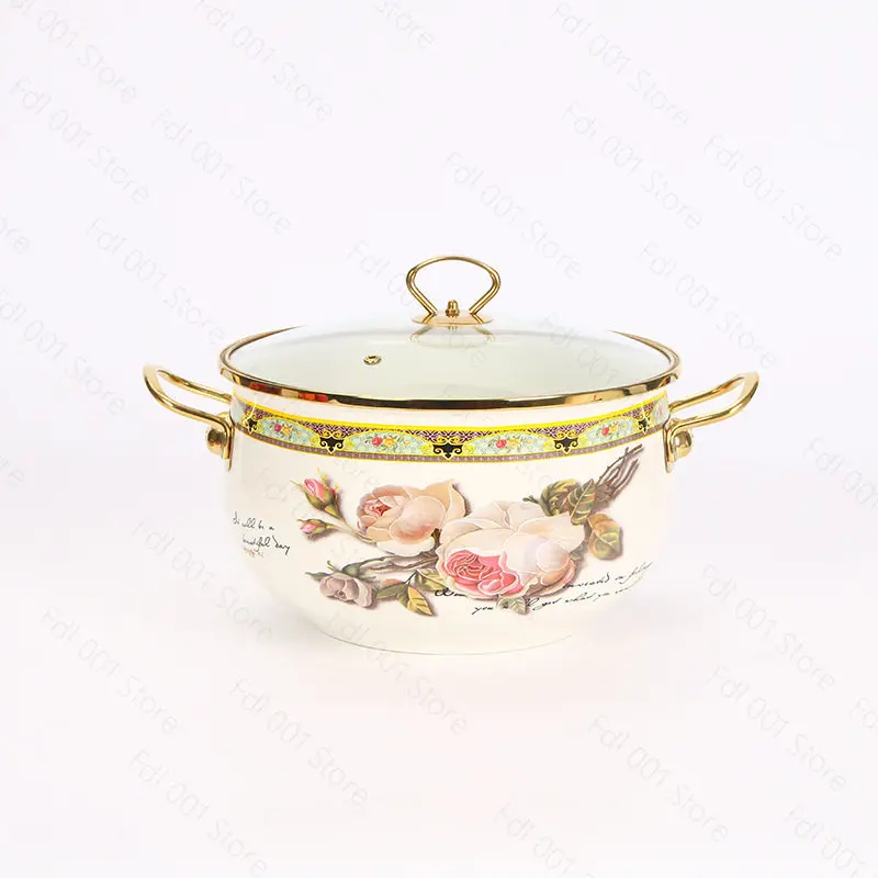 Enamel Soup Pot Retro Flower Bird Binaural Large Capacity Stew Pot with Lid Home Enamel Utensils for Kitchen Delicate Cookware