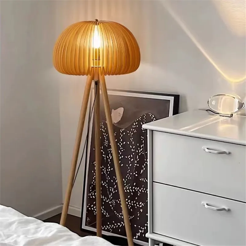 White Ash Tripod Floor Lamp Living Room Decor logs Wooden Lamp Modern E27 Pumpkin Lamp Vintage Lighting Bedside floor lamp