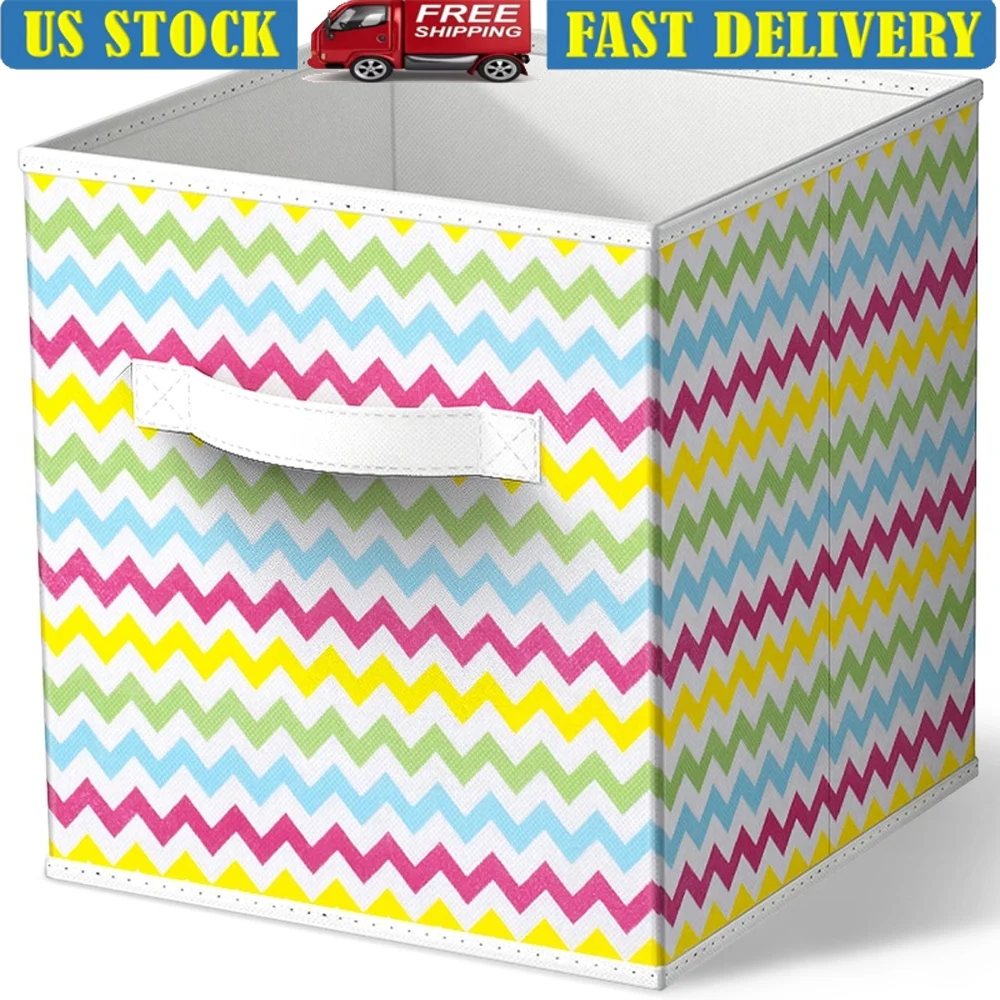 

Collapsible Storage Bin 10.5x10.5 Durable Nonwoven Fabric Cube with Handles Toys Clothes Crafts Multi-color Chevron Design