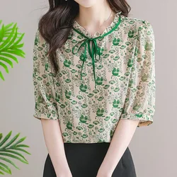 Thin Chiffon Half Sleeve Lacing Shirt Tops Summer New Loose Printing Short Elegant Blouse Fashion Temperament Women Clothing