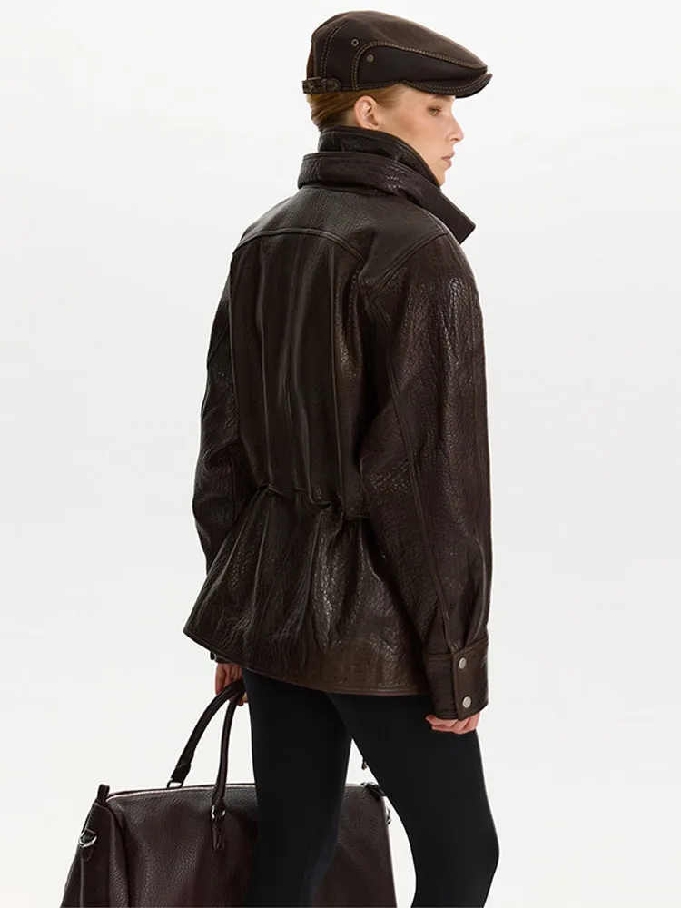 Women's Jackte Textured PU Leather Jackets Drawstring Waist Outwear High Neck Coats Asymmetric Zip Oversize Autumn Lady Clothes