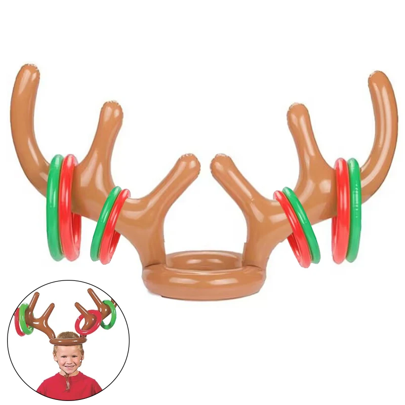 Outdoor Inflatable Balloons Set for Children, Funny Reindeer Antler Hat Ring Toss Game, Xmas Gift, New Year, Household