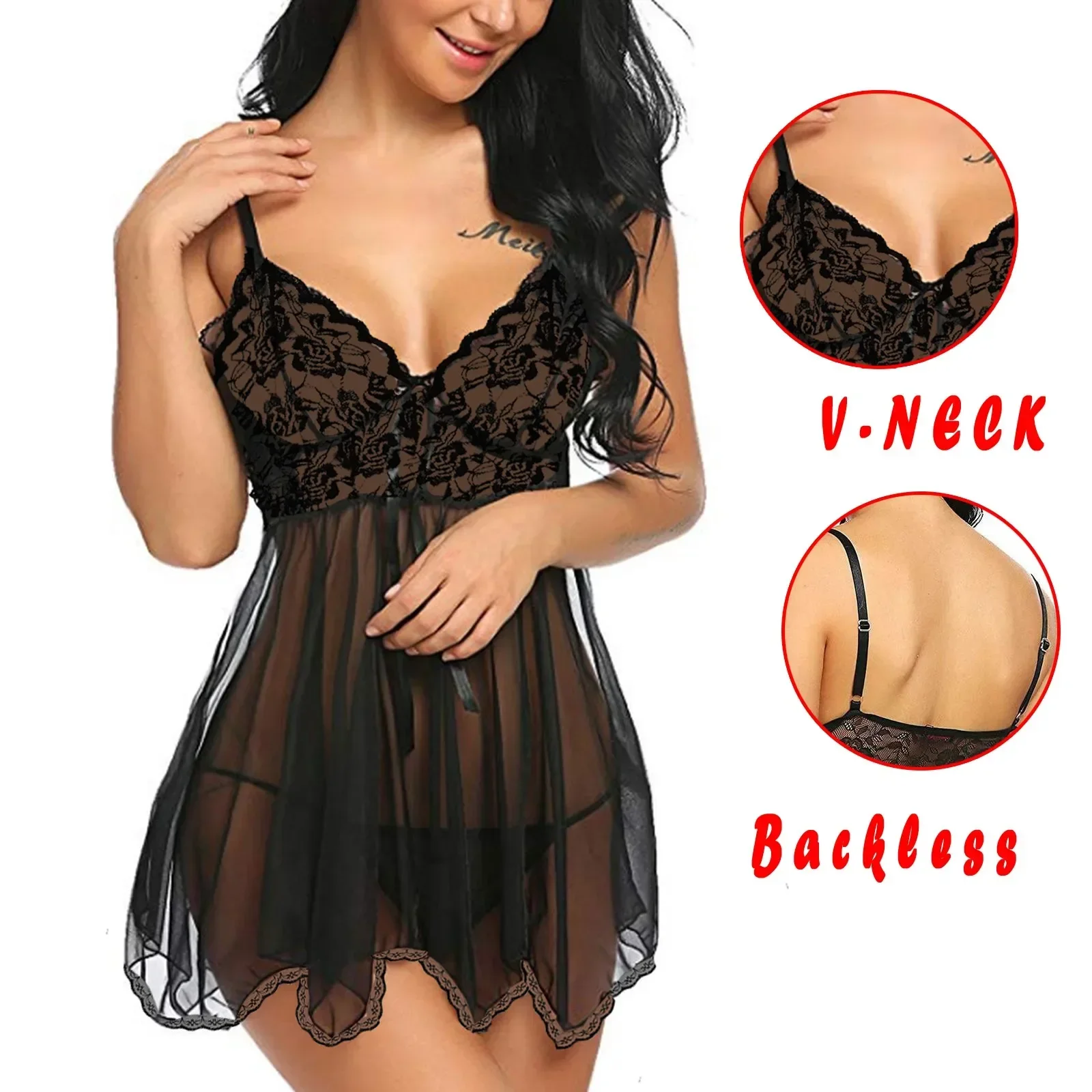 Hot Women'S Thin and Short Lace Sexy Sleeping Dress Women Sexy Black Lingerie Thong Set Sleepwear Nightdress Backless Pajamas image 5