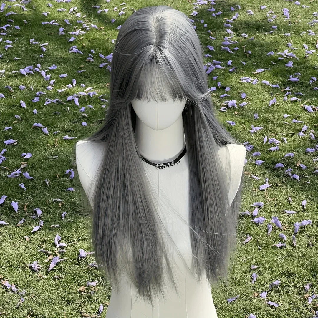 

New silver gray long straight hair chemical fiber synthetic wig neat bangs matte long straight hair wig women's universal wig