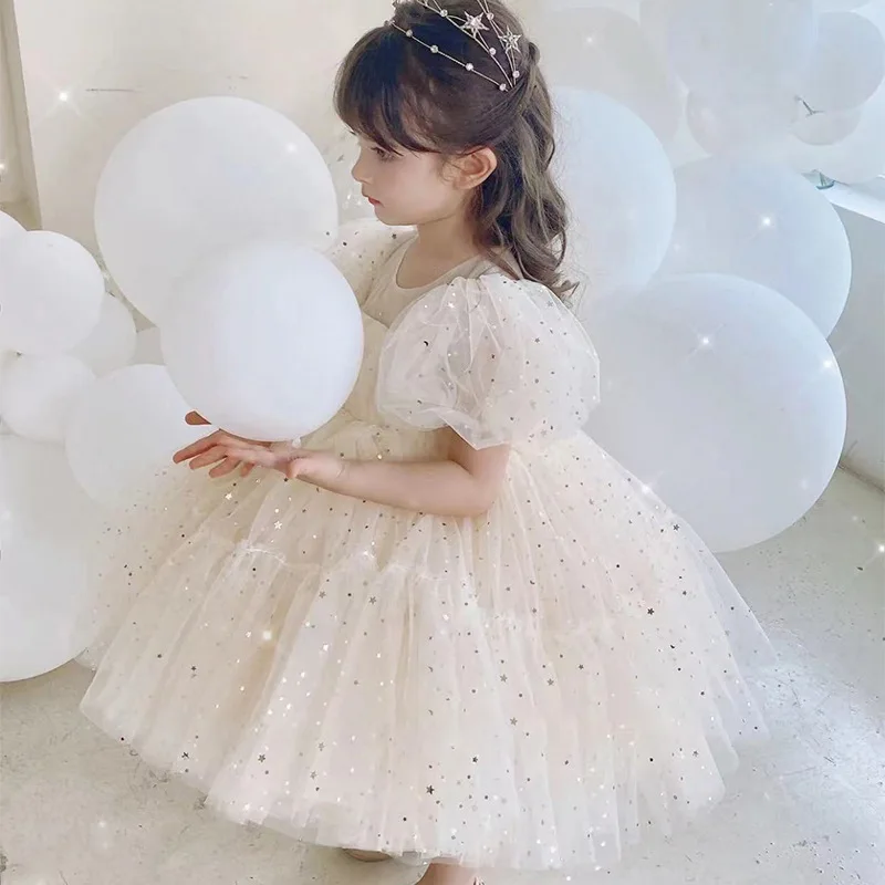 Baby Champagne Baptism Dress Cute Girl Sequin Puff Sleeve Fairy Ball Gown Newborn 1 Year Birthday Outfit Kids Formal Party Gown