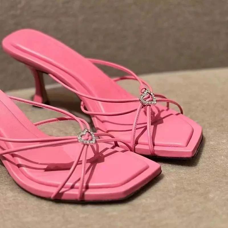 Heart-shaped Crystal Sandals 2025 Summer New French Square Head Thin Heel Strap High Heel Sandals