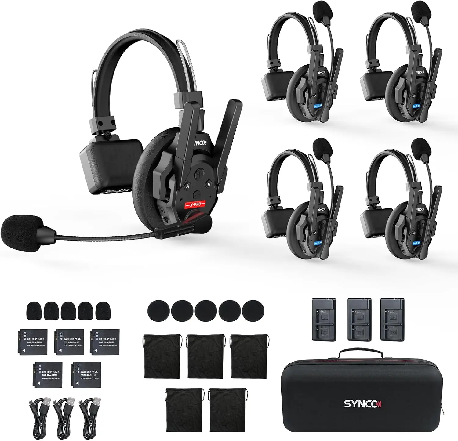 SYNCO Wireless Intercom Headset System XTALK XPRO5 500m/1640ft 2.4GHz Communication Headsets for 5 Person with Noise Reduction