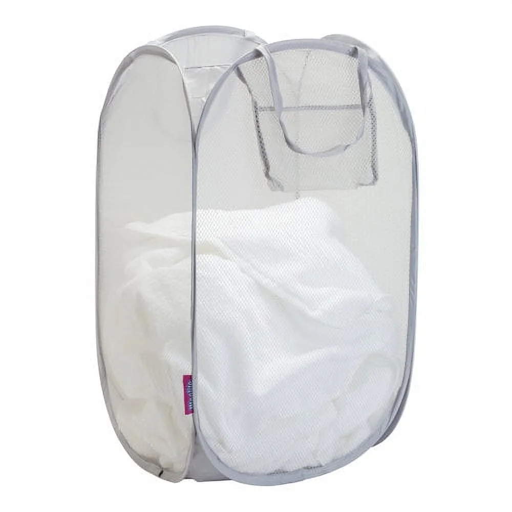 Pop Up Laundry Hamper Antimicrobial Mesh Foldable Storage Basket with Side Pocket Carrying Handles Home Organization
