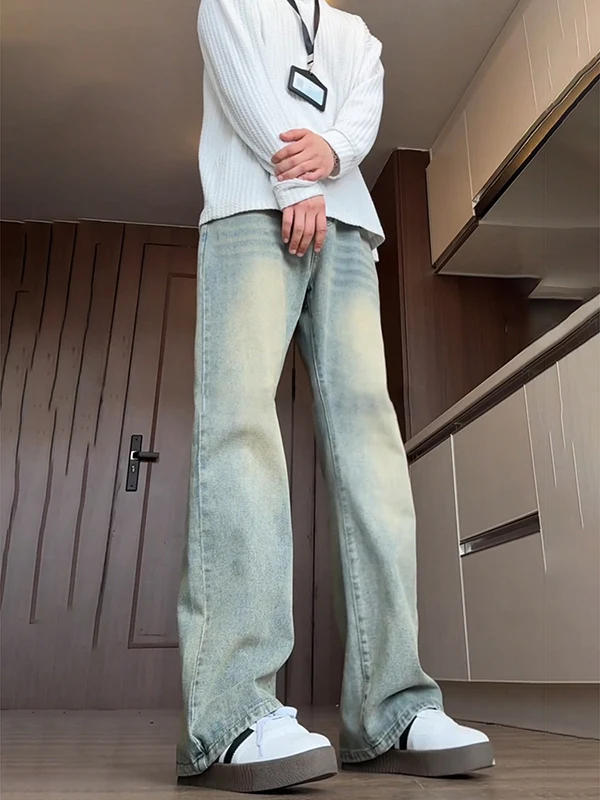 Slim Fit Bell Bot Men's Jeans Vintage High Street American Sle Spring Autumn Wear Resistant Cotton Polyester Blend