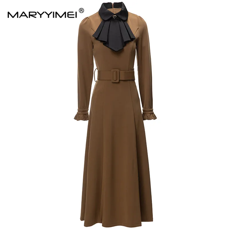 

MARYYIMEI New Fashion Dress Women's Turn-Down Collar Long Sleeve Belt Heart-Shaped Crystal buttons Office Lady A-Line Dress