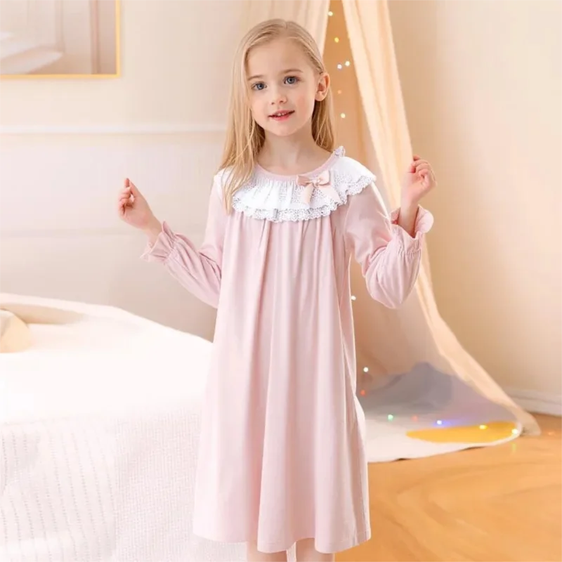 Girls Princess Cotton Nightgowns Mother Daughter Long Sleeve Nightdress Knitted Pajamas Kids  Bud Silk Sleepwear 4-20 Yer