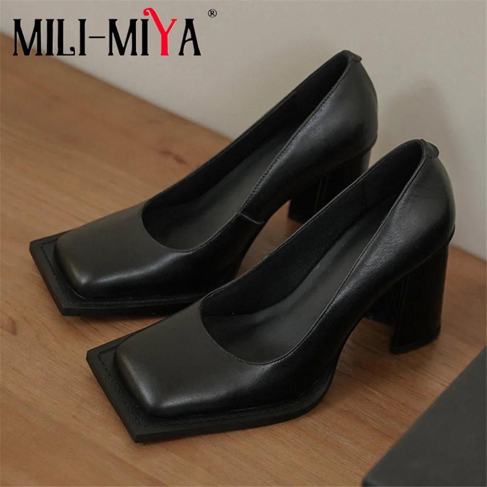 MILI-MIYA แฟชั่นสแควร์ Toe ผู้หญิงหนังวัวปั๊มสบายส้นหนา Slip บนสีทึบ Plus ขนาด 34-43 ชุดปาร์ตี้