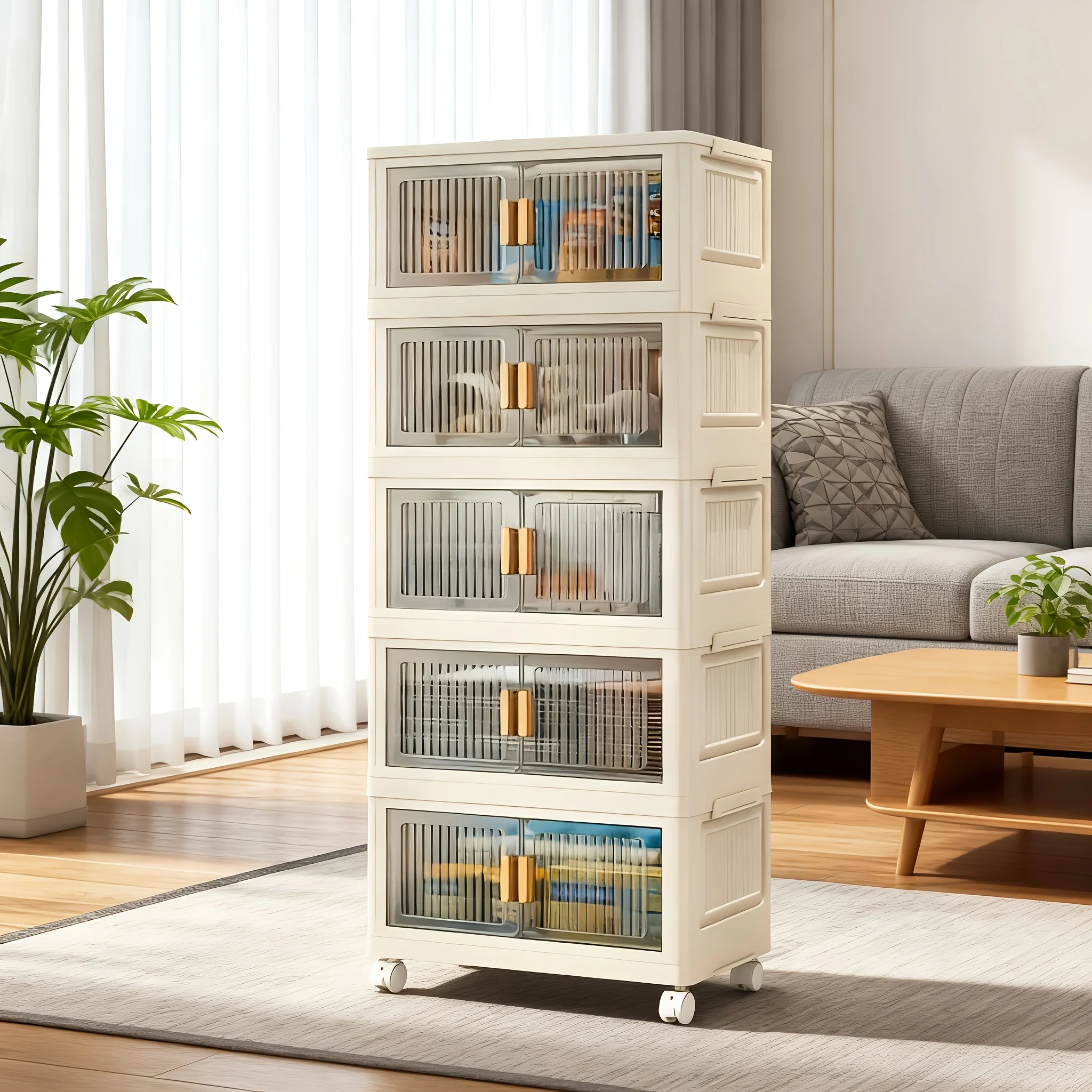 

Extra-large 3/4/5-layer foldable plastic storage cabinet with doors, with wheels, stackable large-capacity storage cabinet