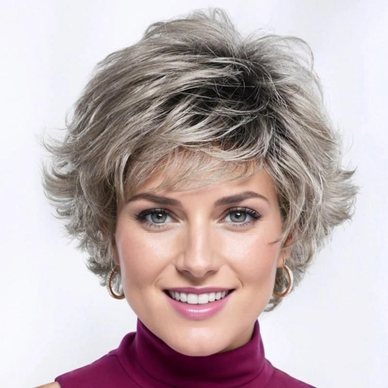 

Best-selling short curly Gradient gray side-swept bangs fluffy upturned wig