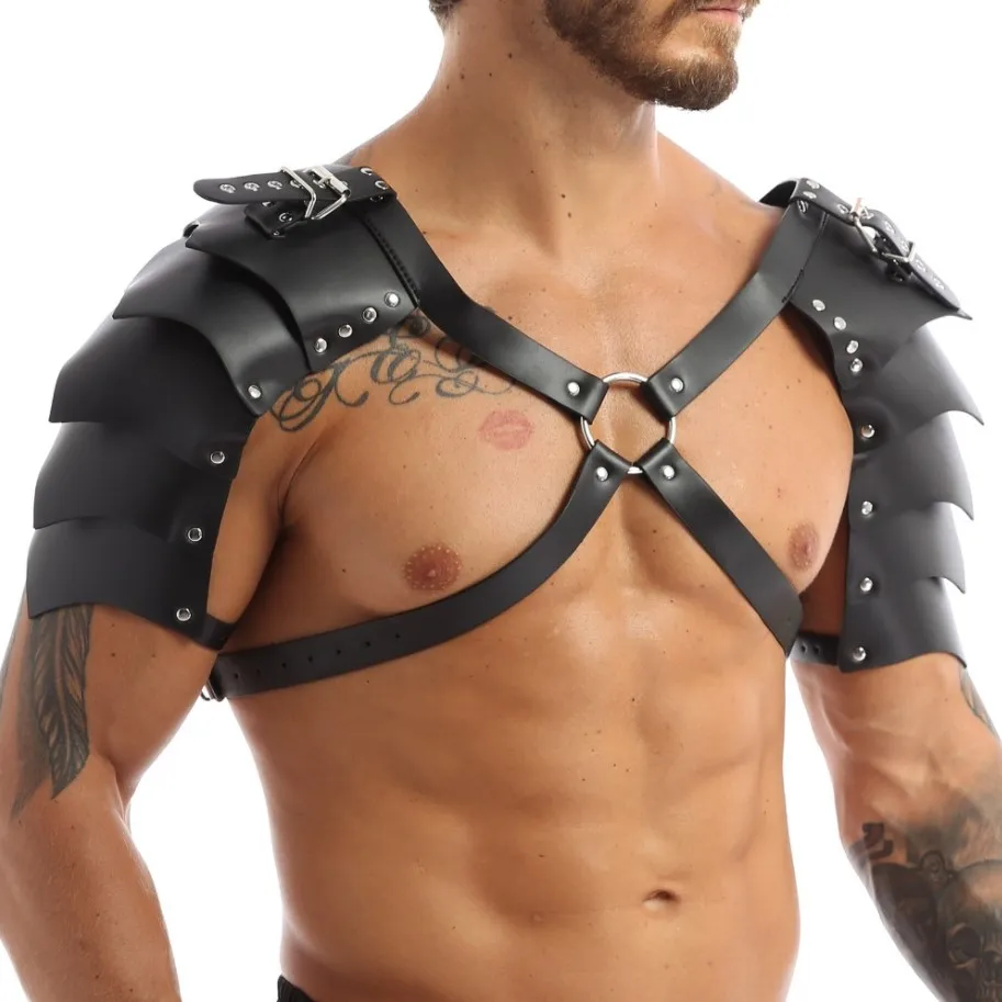 Men Faux Leather Armor Shoulder Tops Chest Harness Bondage Sexy Gothic Club Lingerie Warrior Cosplay Adjustable Fetish Costume