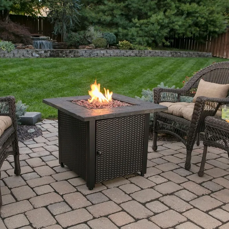 30 Inch Square 30,000 BTU LP Gas Outdoor Fire Pit Table with Resin Mantel, Steel Wicker Design Base, and Lava Rock, Black