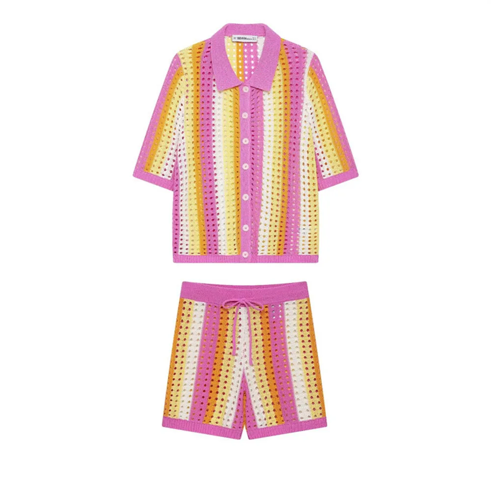 

New Knit Polo Shirt pink yellow Contrast Color Short Sleeve Shorts 2PCS Set Summer Hollow Knitted Casual Women Matching Outfit