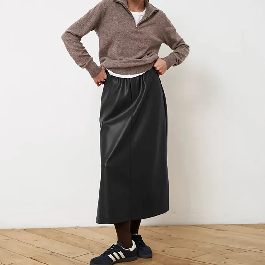 Autumn And Winter PU Leather Skirt Women's Elastic Waist A-shaped Leather Skirt Medium And Long Commuter Women's Clothing