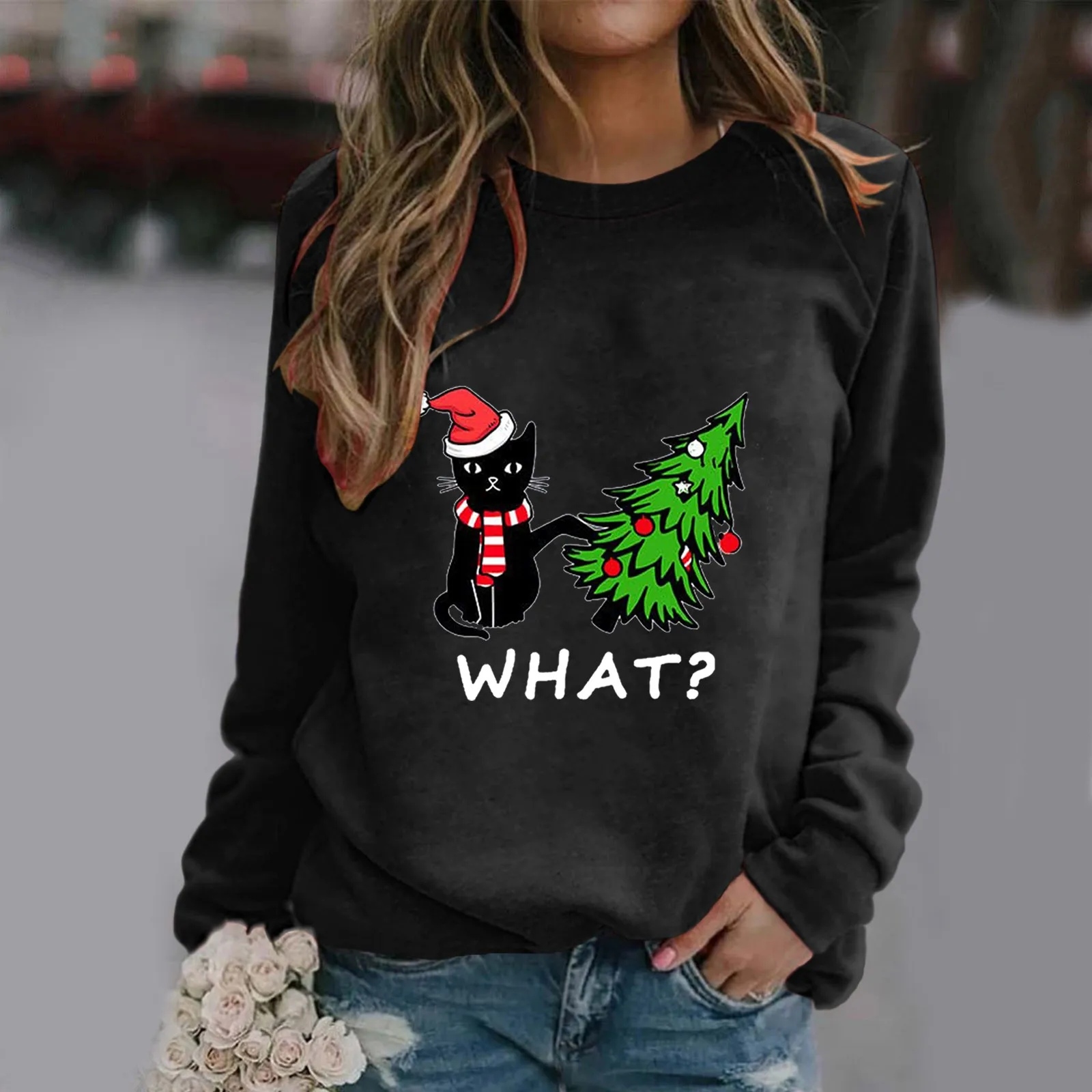 Christmas Womens T-Shirt Ugly Cat Print O Neck Sweatshirt Round Neck Fit Pullover Tops Long Sleeve Xmas Hoodies Blouse Female