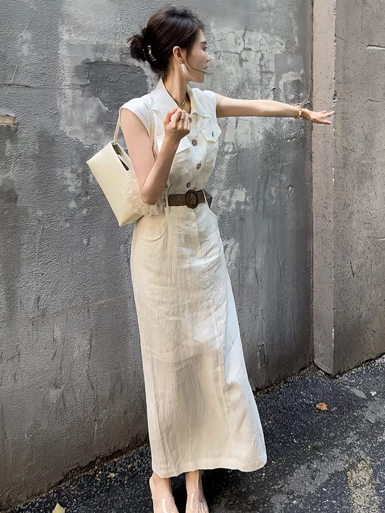 Ele White Dr 2025 Nowa Letnia Casualowa Spódnica w Kształcie Litery A z Wysokim Stanem z Miękkiego Materiału, Do Pracy i Codziennego Użytku, Bez Kołnierzyka, Bez Rękawów