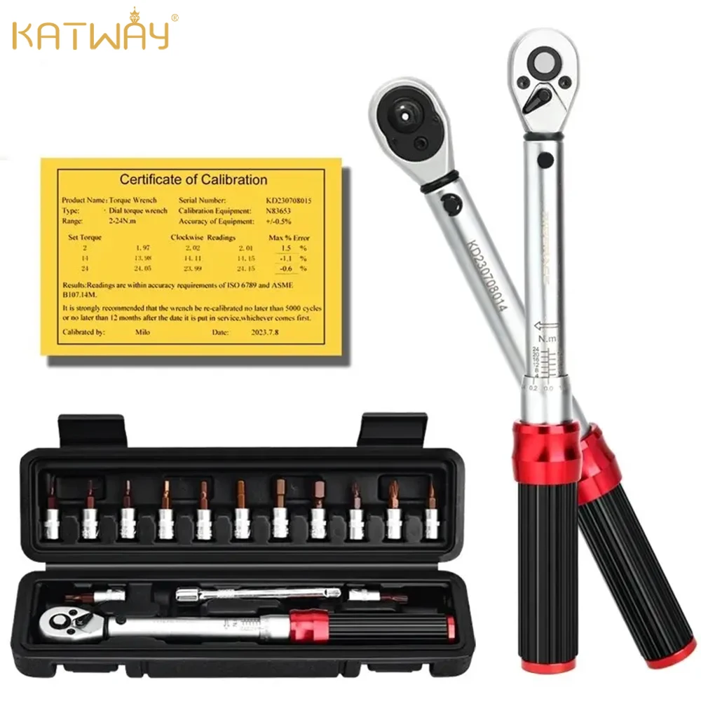 

KATWAY 15Pcs Bicycle Torque Wrench Set 1/4" 2-24Nm Dual Direction Key Tool Socket Spanner Pro Motorcycle Repair Kit HH-AA489