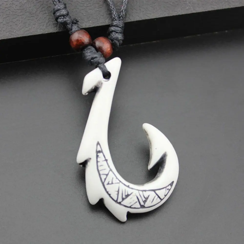 Fashion Cotton Cord Beaded Maori White Tribal DIY Jewelry Handmade Pendant Necklace Fish Hook