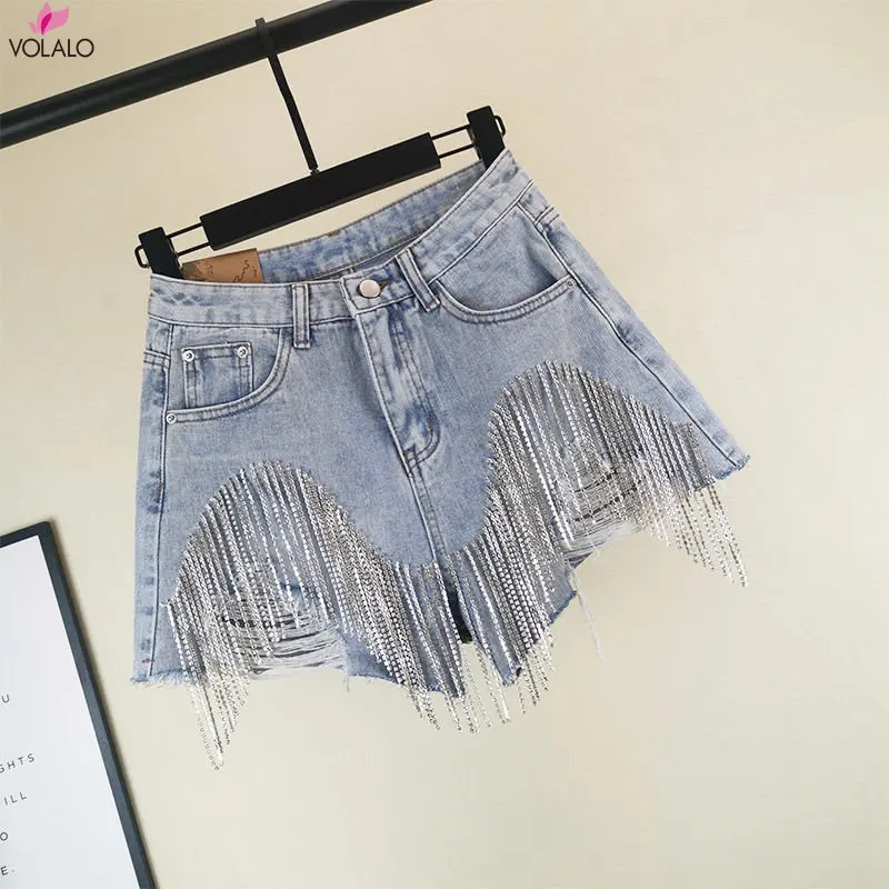 VOLALO 2024 Spring Wear Heavy Tassels Nail Diamond Beads High All-match Thin Waist Denim Shorts Fashion Temperament Women