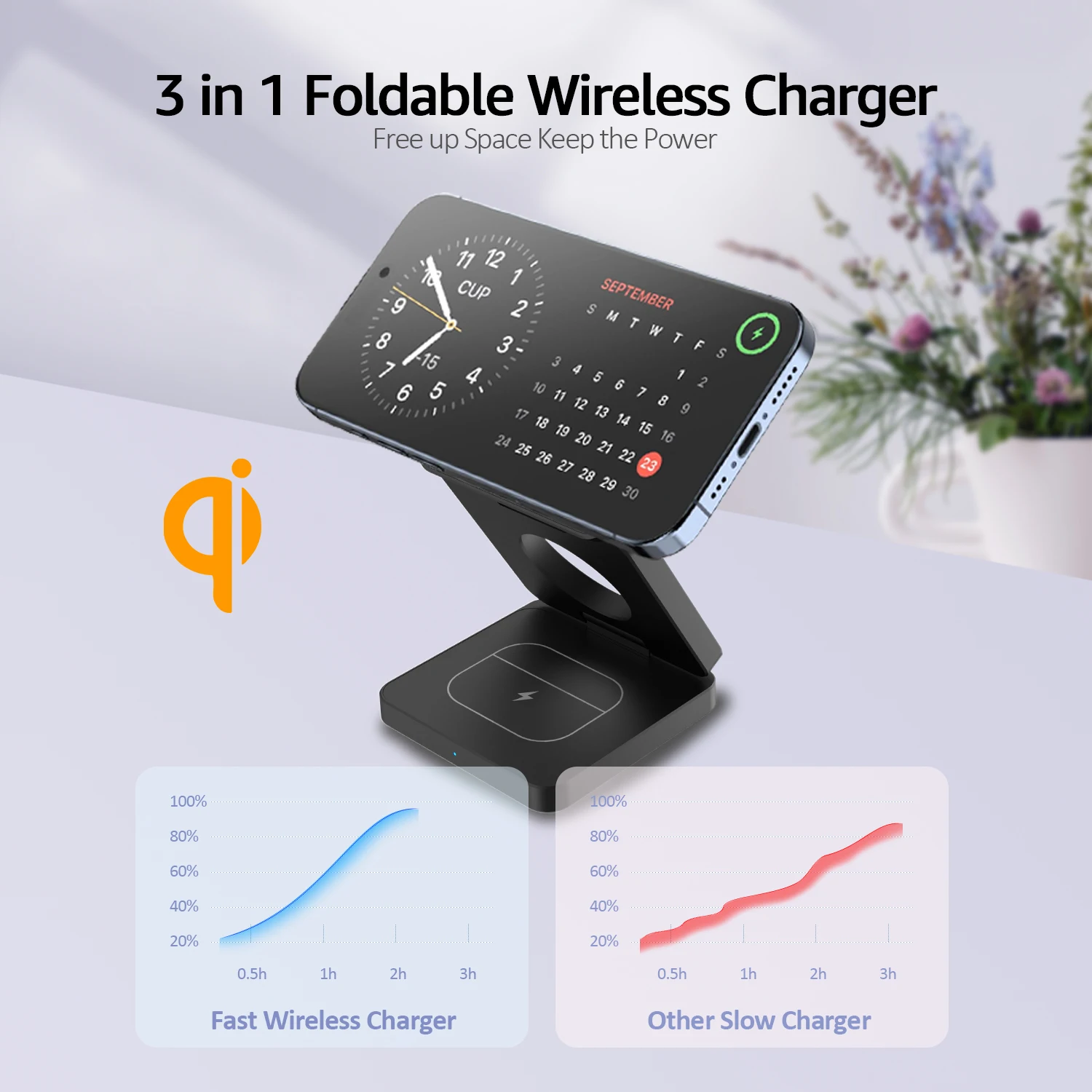 15W 3 in 1 Magnetic Foldable Wireless Charger Fast Aluminum Charging Stand for iPhone 12/13/14/15/16 Mini/Pro/Pro Max