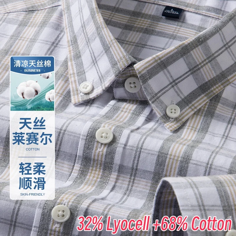 Lyocell 32% Mannen Zakelijke Overhemden 2025 Lente Casual Gestreepte 68% Katoenen Tops Lange Mouw Mannelijke Klassieke Plaid Formele Shirts