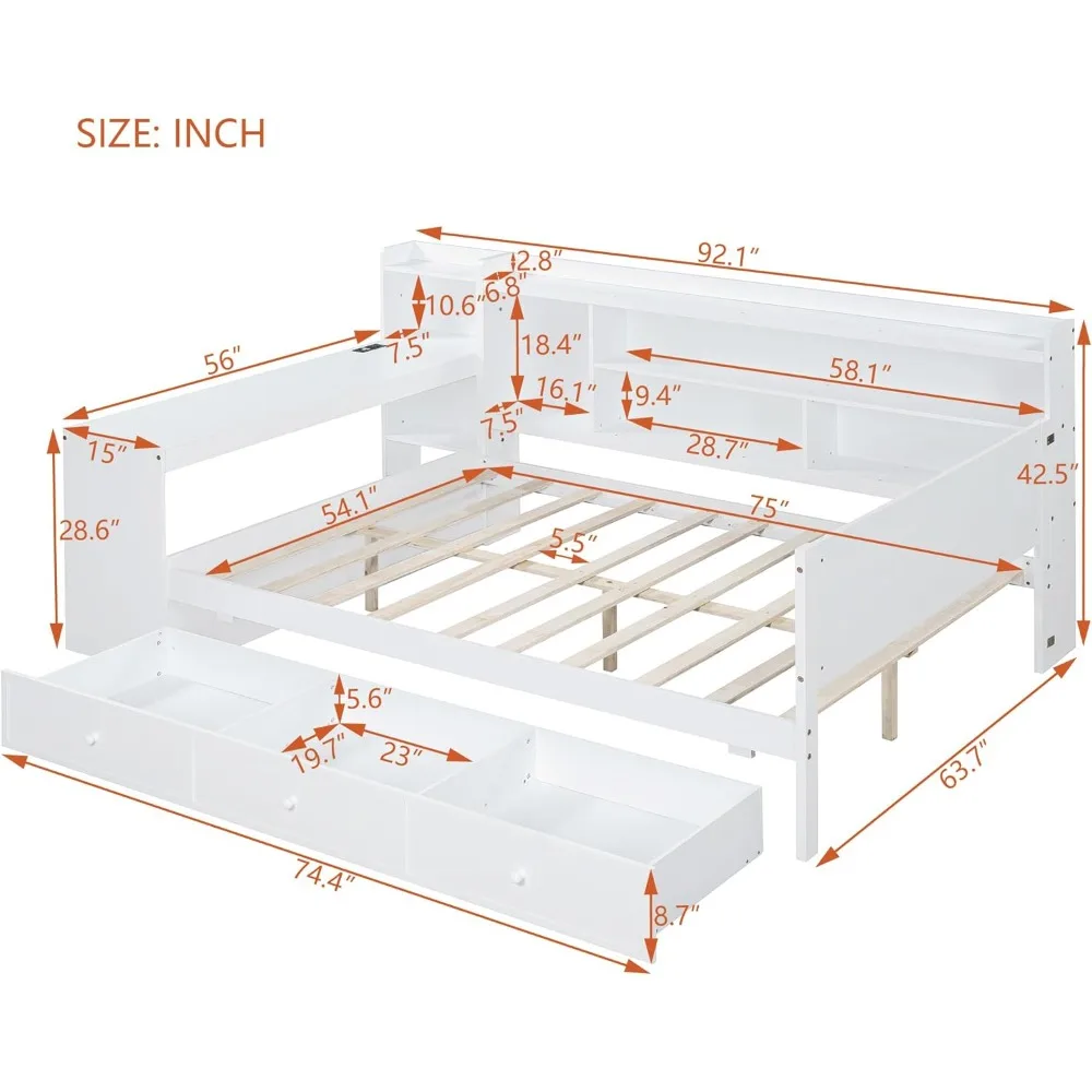 SOFTSEA Sofá de tamanho completo com gavetas de armazenamento e Bokcase, sofá de madeira com mesa, estante e portas USB para crianças, adolescentes e adultos, L Sh