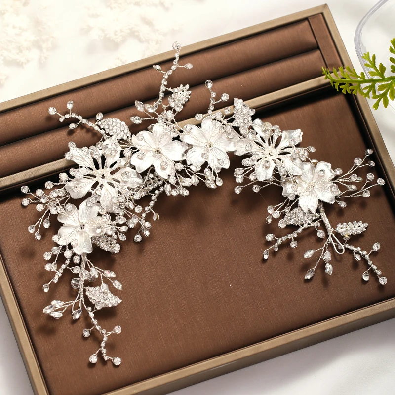 Wedding Headband Silver Color crystal Tiara Handmade Bride Headdress Flower Leaf Hair Jewelry Headband Bride Hair Accessories
