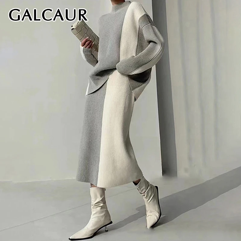 GALCAUR Colorblock Two Piece Set Stand Collar Long Sleeve High Waist Slimming Maxi Skirts Casual Outfits Female Autumn New Style