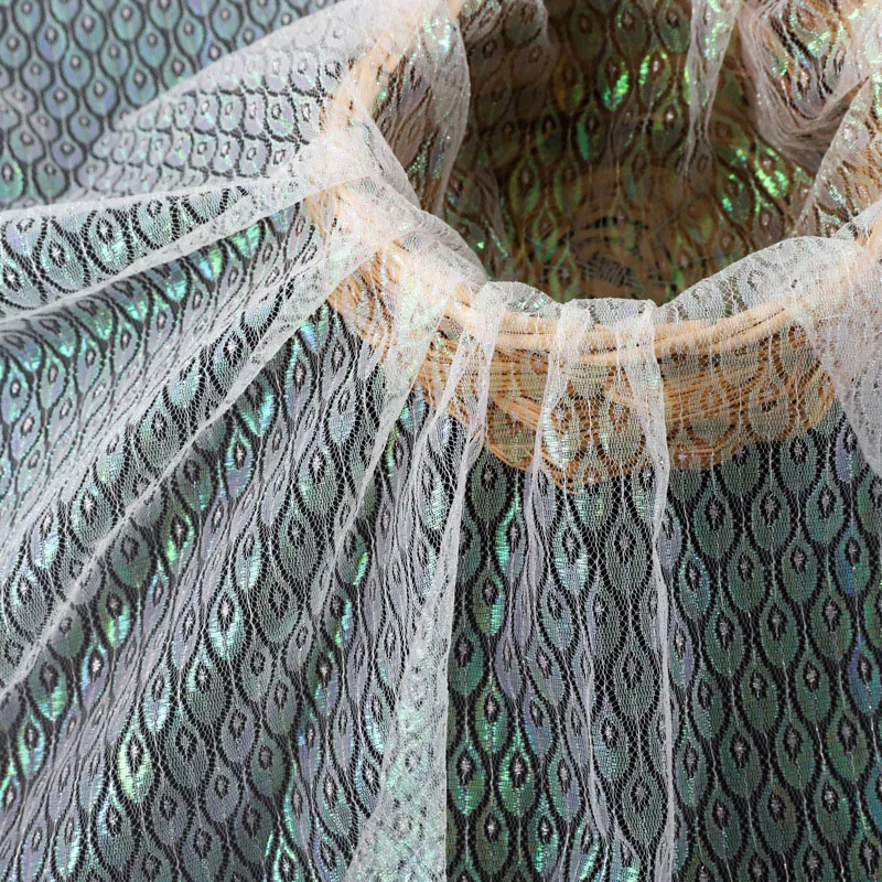 Fluorescent Shimmer Mesh Bronzing Designer Fabric Peacock Feather Laser Lace Clothing Dress Sewing Material