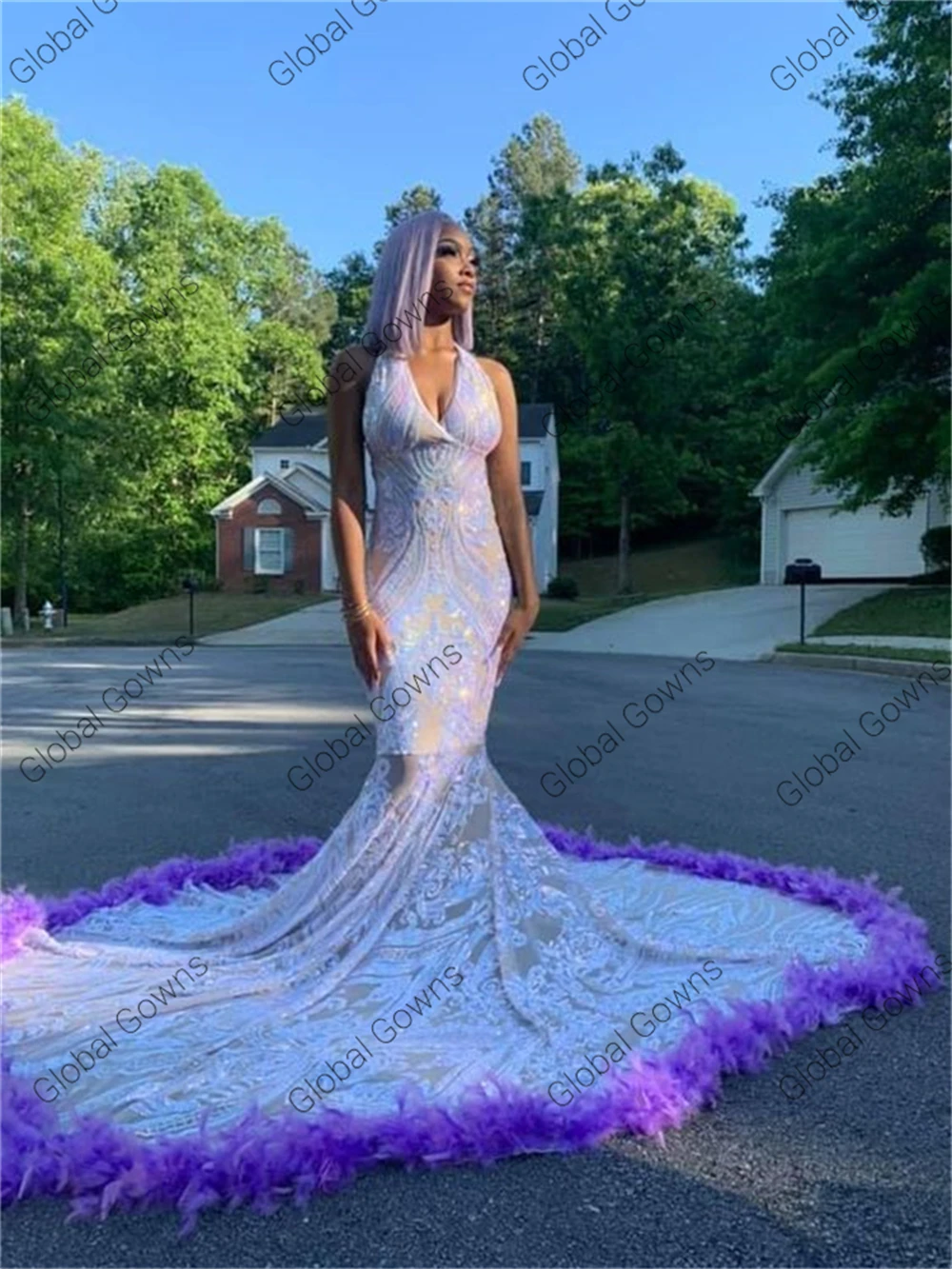 Abito da ballo lungo Halter colorato africano per ragazze nere 2022 abiti da festa di compleanno con paillettes piume viola Robe De Soirée Femme