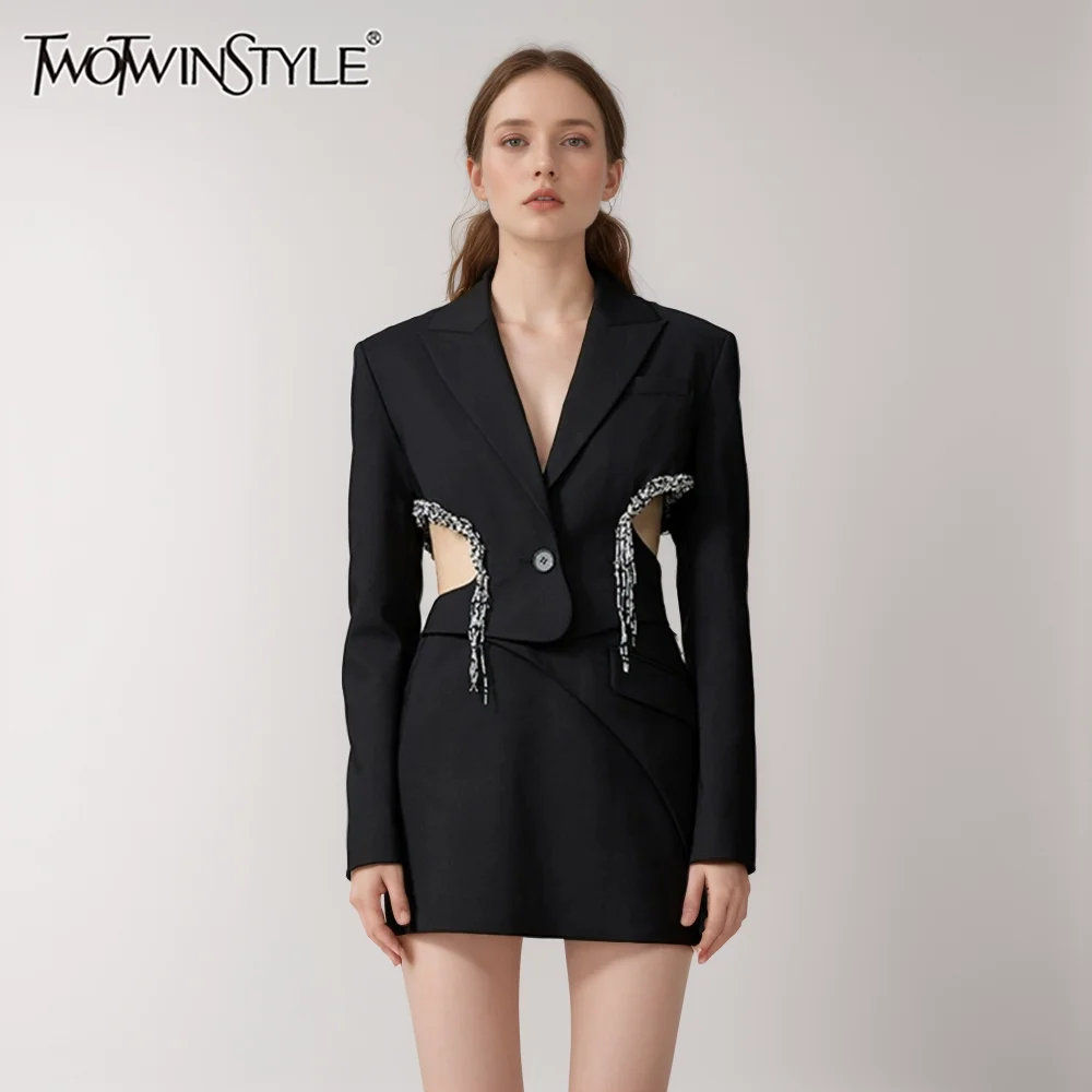 

TWOTWINSTYLE Patchwork Diamonds Blazer For Women Notched Collar Long Sleeve Spliced Button Hollow Out Slimming Chic Coat Female