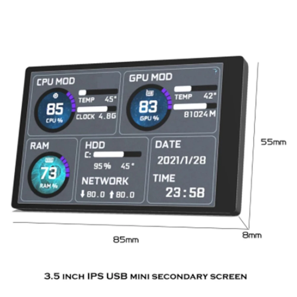 Computer Monitor for Mini ITX Case 3.5 Inch IPS TYPE-C Secondary Screen CPU GPU RAM HDD USB Display Freely AIDA64